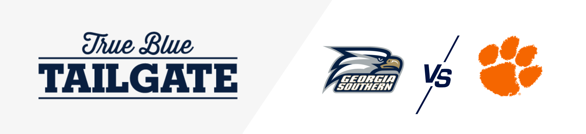 Promotional banner for True Blue Tailgate hosting a Georgia Southern vs Clemson game showdown
