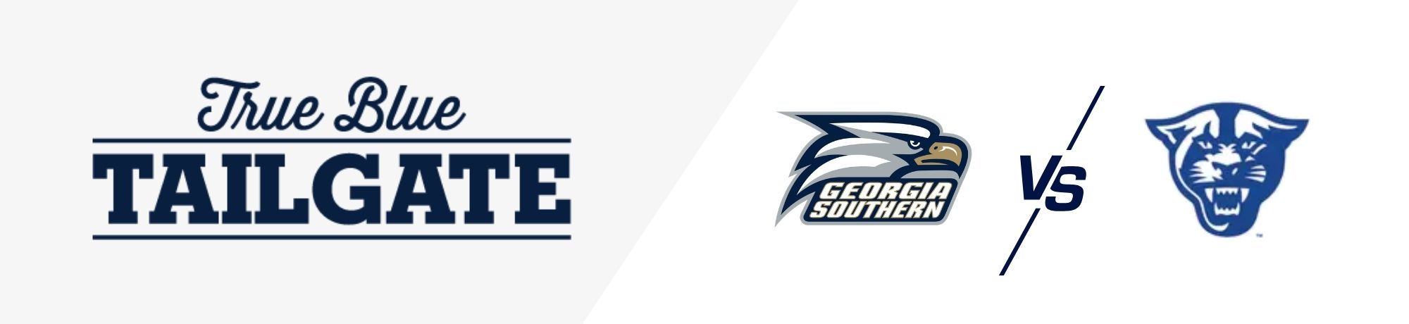 'True Blue Tailgate' promotional banner featuring the Georgia Southern Eagles logo vs. a blue feline mascot with a VS divider.